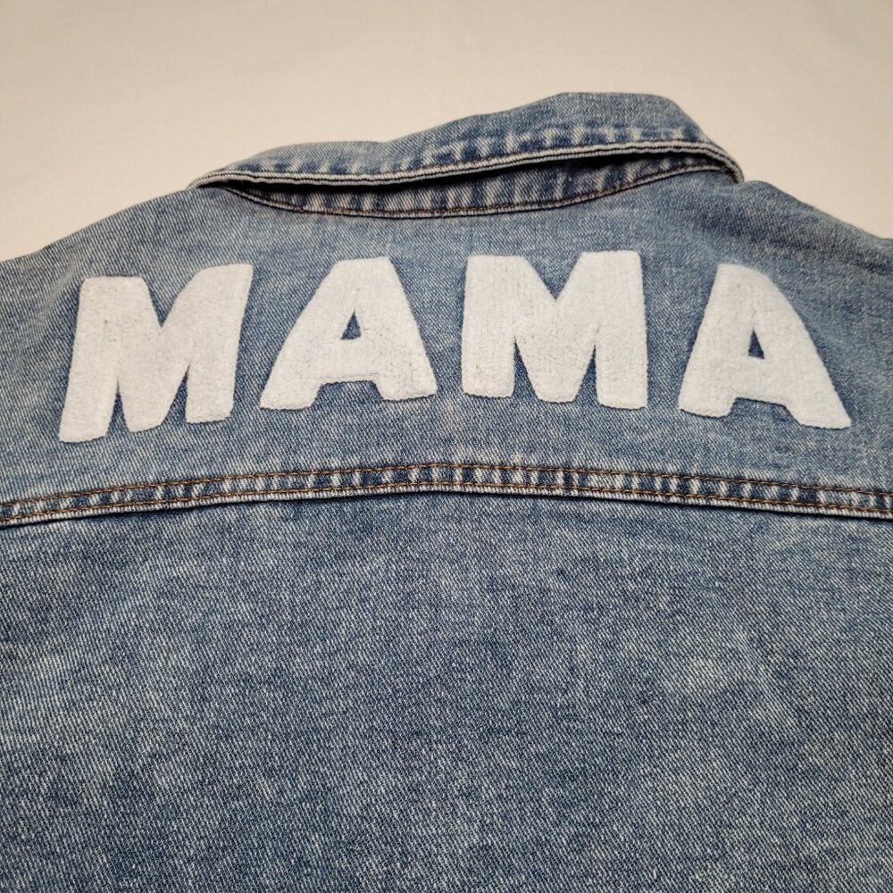 Patpat Mama Distressed Denim Jean Jacket Medium Light Wash Streetwear - Picture 13 of 14